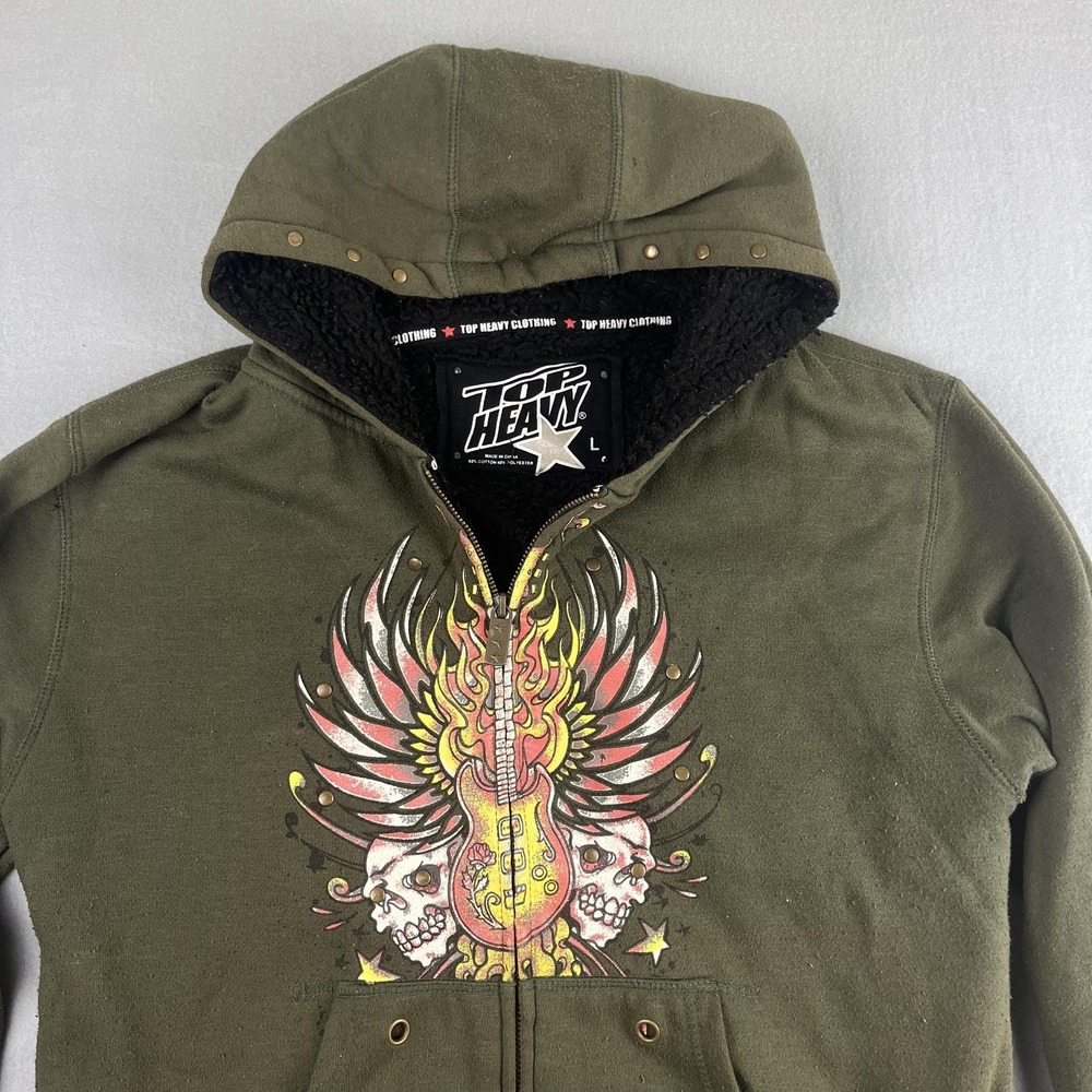 Top Heavy Hoodie Mens Large Green Skull‎ Guitar Graphic Full Zip Sherpa Lined